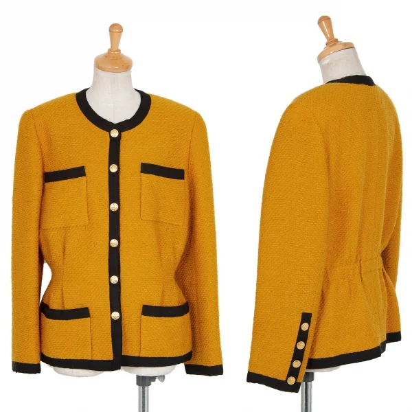 シャネルCHANEL 金ボタンノーカラートリミングツイードジャケット マスタード40 K-95884_001
