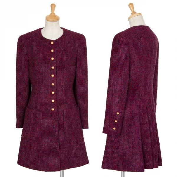シャネルCHANEL ファンシーツイードノーカラーフレアロングジャケット 赤紫34 K-95943_001