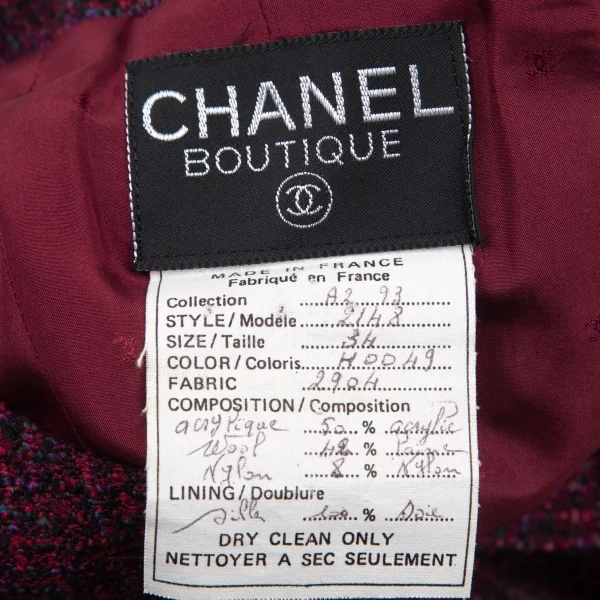 シャネルCHANEL ファンシーツイードノーカラーフレアロングジャケット 赤紫34 K-95943_016