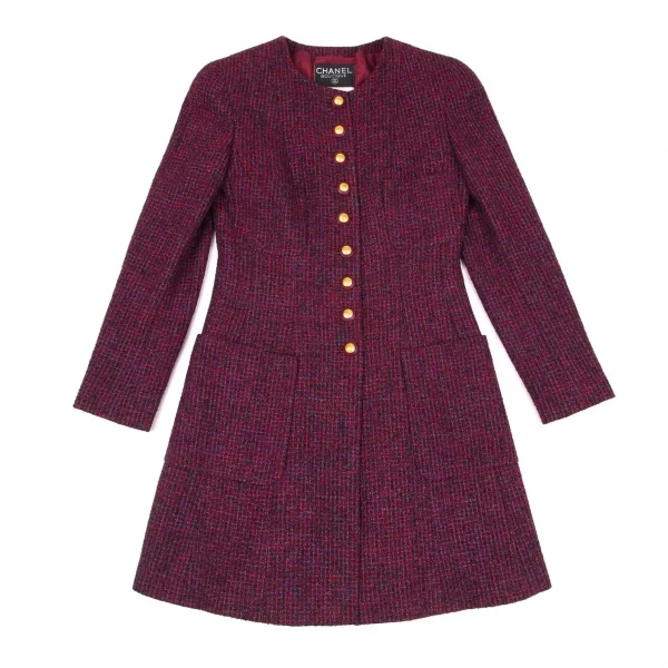 シャネルCHANEL ファンシーツイードノーカラーフレアロングジャケット 赤紫34 K-95943_002