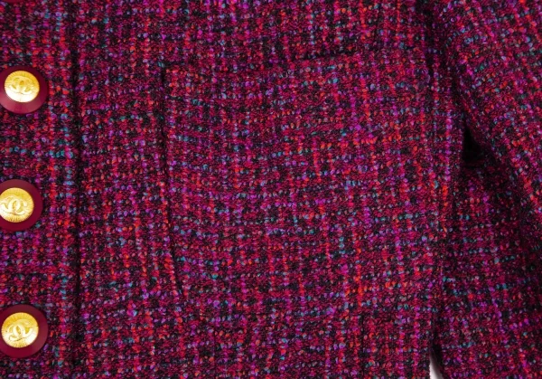 シャネルCHANEL ファンシーツイードノーカラーフレアロングジャケット 赤紫34 K-95943_004