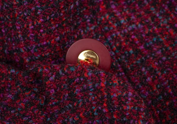 シャネルCHANEL ファンシーツイードノーカラーフレアロングジャケット 赤紫34 K-95943_006