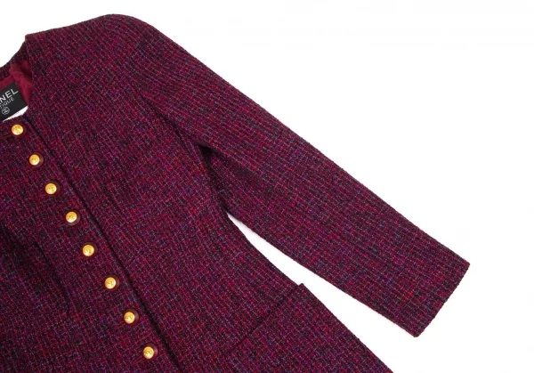 シャネルCHANEL ファンシーツイードノーカラーフレアロングジャケット 赤紫34 K-95943_007