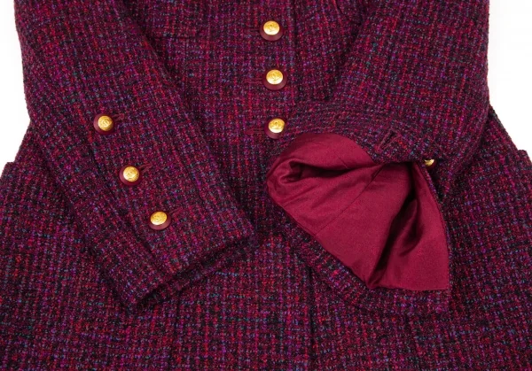 シャネルCHANEL ファンシーツイードノーカラーフレアロングジャケット 赤紫34 K-95943_008