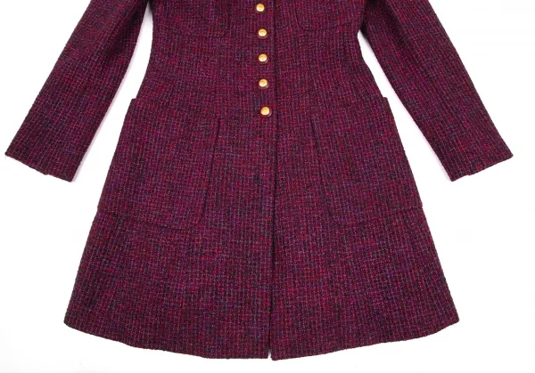 シャネルCHANEL ファンシーツイードノーカラーフレアロングジャケット 赤紫34 K-95943_009