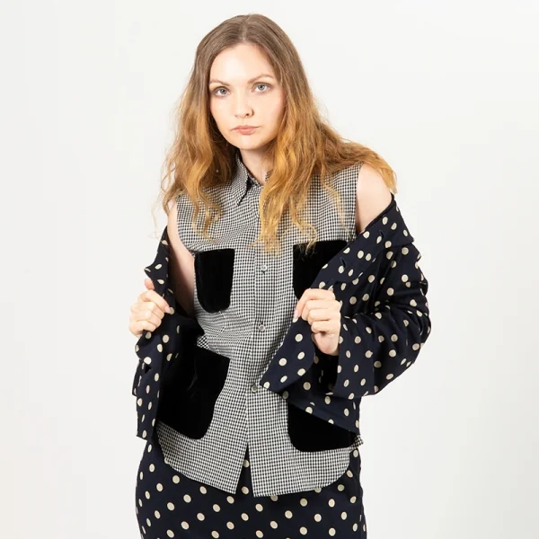 ローブドシャンブル コムデギャルソンrobe de chambre COMME des GARCONS ベロアポケットギンガムチェックノースリーブシャツ 白黒M位 K-95982_013