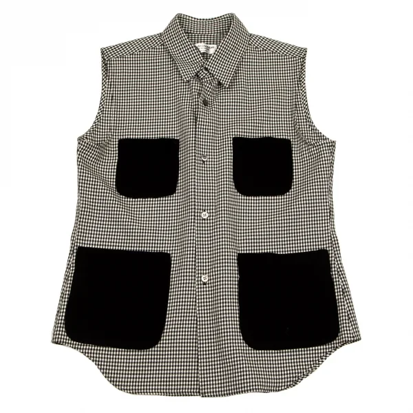 ローブドシャンブル コムデギャルソンrobe de chambre COMME des GARCONS ベロアポケットギンガムチェックノースリーブシャツ 白黒M位 K-95982_002