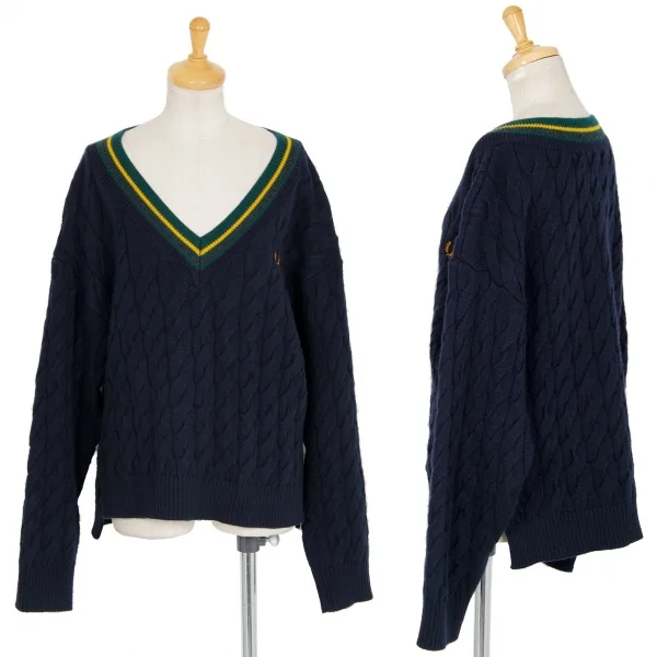 フレッドペリーFREDPERRY オフショルダーVネックケーブルニットセーター 紺10 K-96002_001