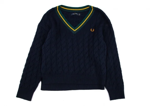フレッドペリーFREDPERRY オフショルダーVネックケーブルニットセーター 紺10 K-96002_002