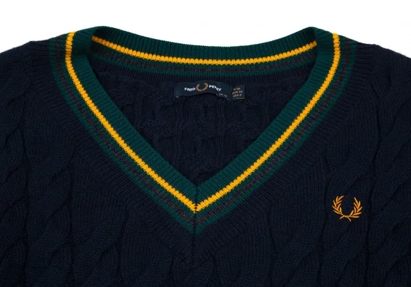 フレッドペリーFREDPERRY オフショルダーVネックケーブルニットセーター 紺10 K-96002_003
