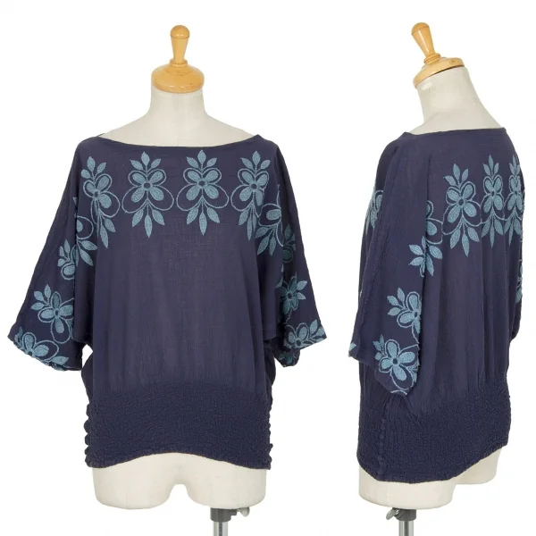 イッセイミヤケ ミーISSEY MIYAKE me フラワー刺繍クレープドルマンカットソー 紺M位 K-96144_001