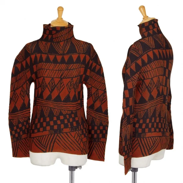 イッセイミヤケ ミーISSEY MIYAKE me 手書き風ジオメトリックプリントニットプリーツハイネックカットソー 茶黒M位 K-96148_001