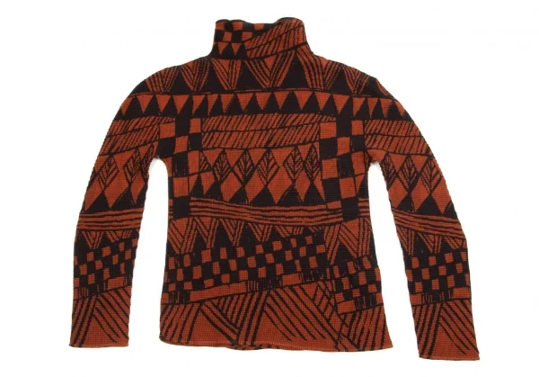 イッセイミヤケ ミーISSEY MIYAKE me 手書き風ジオメトリックプリントニットプリーツハイネックカットソー 茶黒M位 K-96148_002