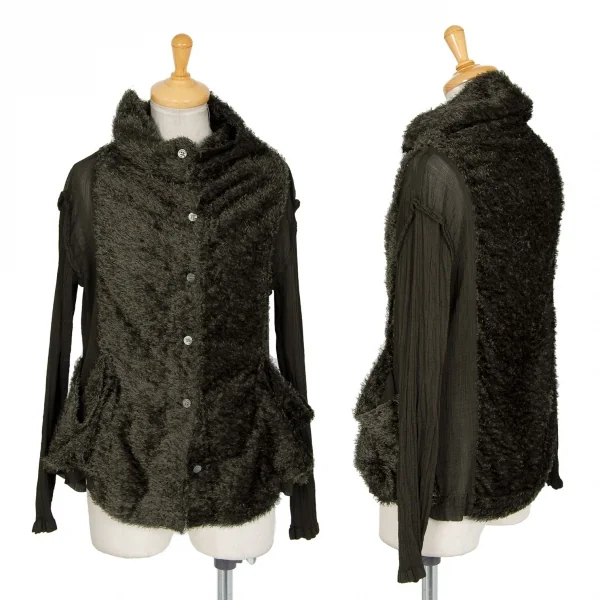 イッセイミヤケ ミーISSEY MIYAKE me ファー切替シースルークレープジャケット カーキグリーンM位 K-96175_001