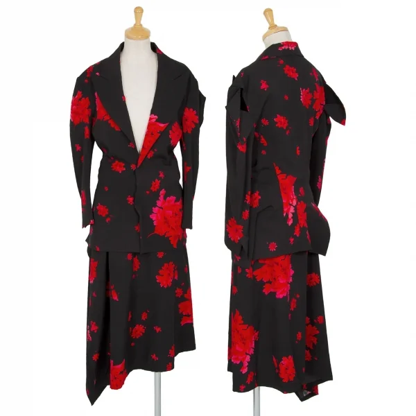 ヨウジヤマモト ファムYohji Yamamoto FEMME ウールギャバ牡丹プリントラップスカート 黒赤1 K-96258_012