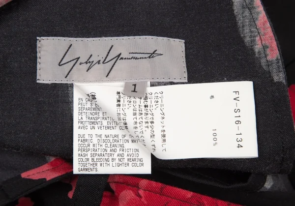ヨウジヤマモト ファムYohji Yamamoto FEMME ウールギャバ牡丹プリントラップスカート 黒赤1 K-96258_014