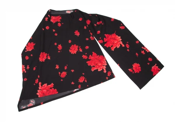 ヨウジヤマモト ファムYohji Yamamoto FEMME ウールギャバ牡丹プリントラップスカート 黒赤1 K-96258_002