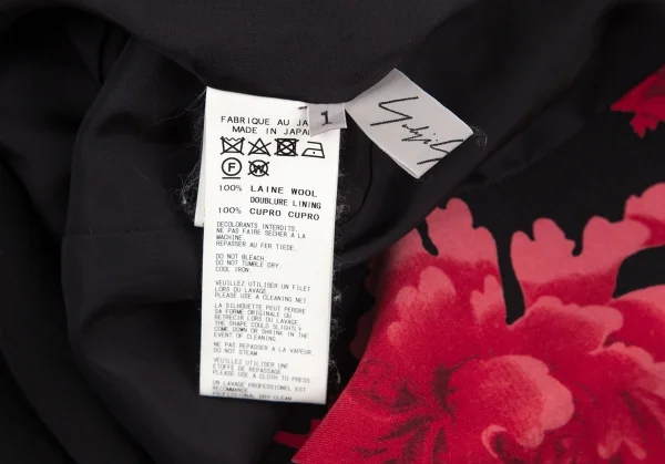 ヨウジヤマモト ファムYohji Yamamoto FEMME ウールギャバ牡丹プリントセットアップスーツ 黒赤1 K-96259_010