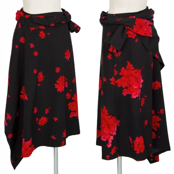 ヨウジヤマモト ファムYohji Yamamoto FEMME ウールギャバ牡丹プリントセットアップスーツ 黒赤1 K-96259_012