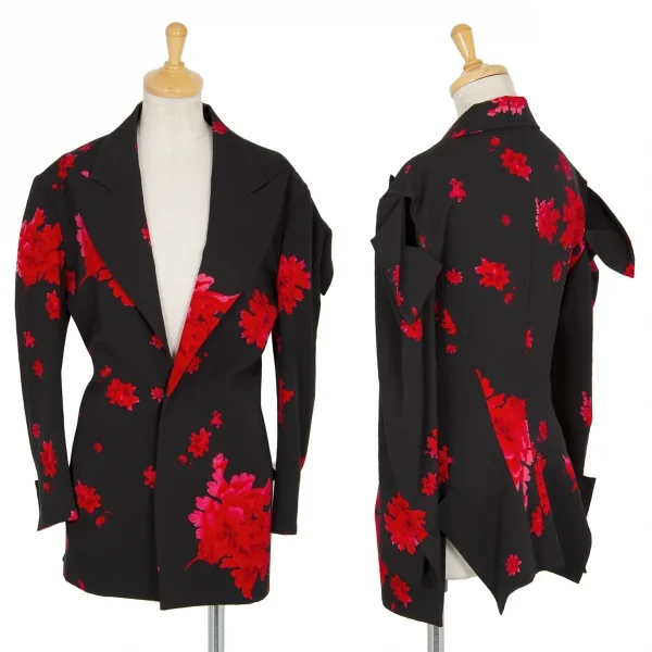 ヨウジヤマモト ファムYohji Yamamoto FEMME ウールギャバ牡丹プリントセットアップスーツ 黒赤1 K-96259_002