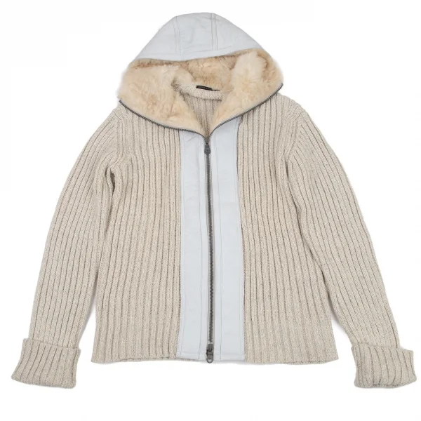 ヨウジヤマモト プールオムYohji Yamamoto POUR HOMME ムートンレザー切替ローゲージジップアップリブニットパーカー ベージュライトグレー4 K-96369_001
