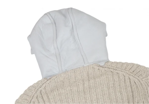 ヨウジヤマモト プールオムYohji Yamamoto POUR HOMME ムートンレザー切替ローゲージジップアップリブニットパーカー ベージュライトグレー4 K-96369_010