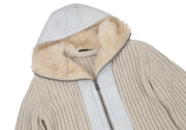 ヨウジヤマモト プールオムYohji Yamamoto POUR HOMME ムートンレザー切替ローゲージジップアップリブニットパーカー ベージュライトグレー4 K-96369_002