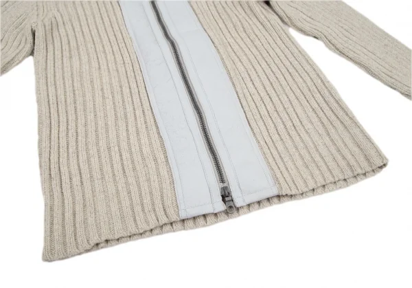 ヨウジヤマモト プールオムYohji Yamamoto POUR HOMME ムートンレザー切替ローゲージジップアップリブニットパーカー ベージュライトグレー4 K-96369_006