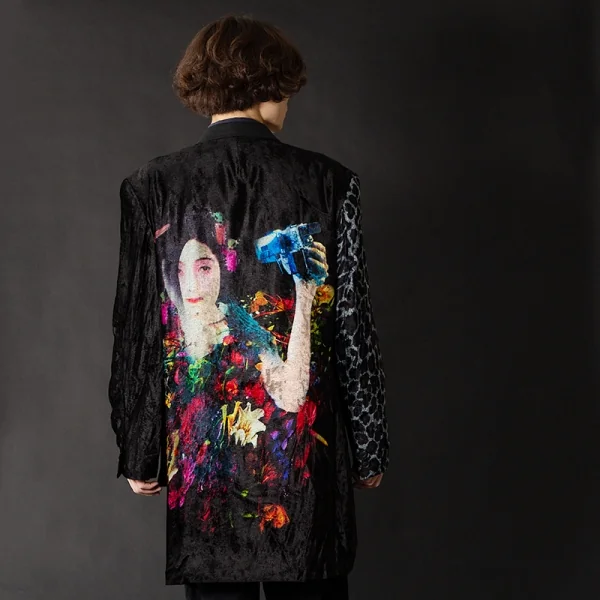 ヨウジヤマモト プールオムYohji Yamamoto POUR HOMME プリントベロア切替リネンジャケット 黒他4 K-96371_015