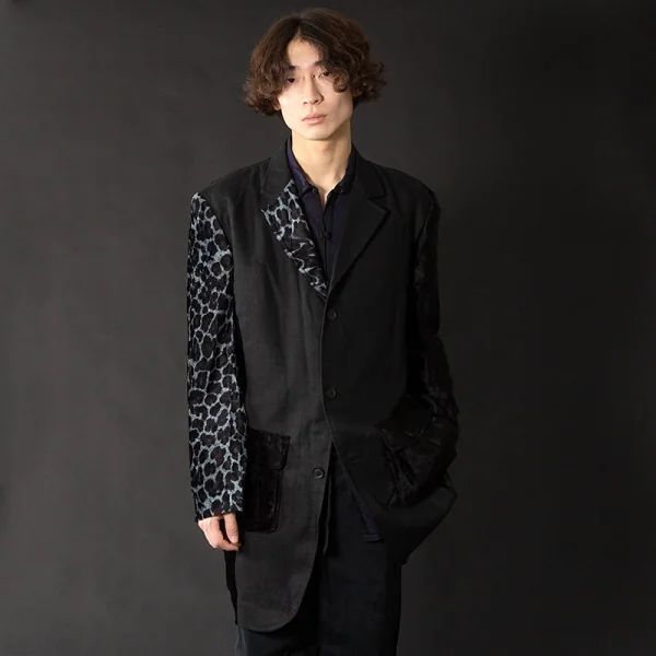 ヨウジヤマモト プールオムYohji Yamamoto POUR HOMME プリントベロア切替リネンジャケット 黒他4 K-96371_016