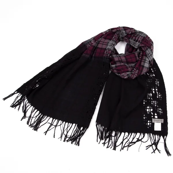 ヨウジヤマモト プールオムYohji Yamamoto POUR HOMME グラデーション染編みチェックフリンジストール 黒紫他 K-96385_001