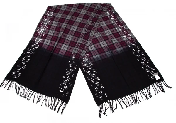 ヨウジヤマモト プールオムYohji Yamamoto POUR HOMME グラデーション染編みチェックフリンジストール 黒紫他 K-96385_002