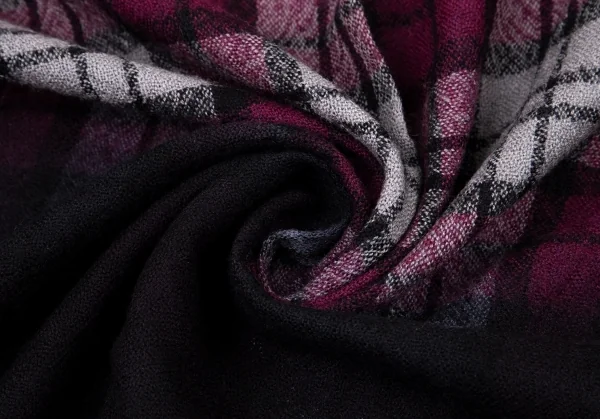 ヨウジヤマモト プールオムYohji Yamamoto POUR HOMME グラデーション染編みチェックフリンジストール 黒紫他 K-96385_005