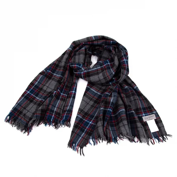 ヨウジヤマモト プールオムYohji Yamamoto POUR HOMME ウールタータンチェックストール グレー他 K-96386_001