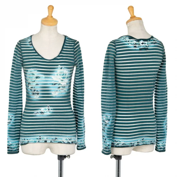 ジャンポールゴルチエ マイユファムJean Paul GAULTIER MAILLE FEMME ローズプリントシースルーボーダーカットソー ターコイズS K-96508_001