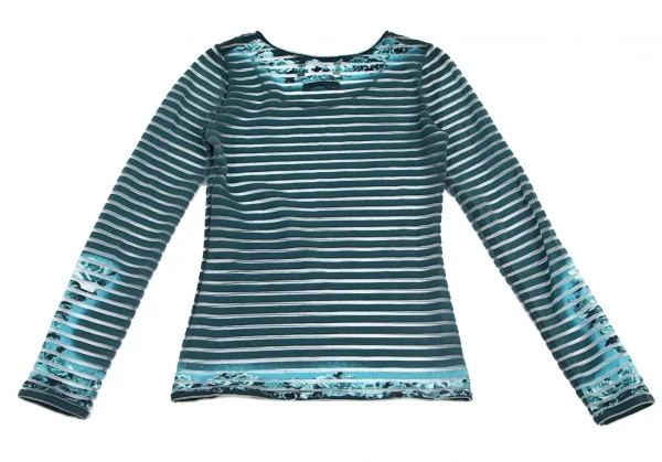 ジャンポールゴルチエ マイユファムJean Paul GAULTIER MAILLE FEMME ローズプリントシースルーボーダーカットソー ターコイズS K-96508_013