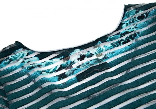 ジャンポールゴルチエ マイユファムJean Paul GAULTIER MAILLE FEMME ローズプリントシースルーボーダーカットソー ターコイズS K-96508_014