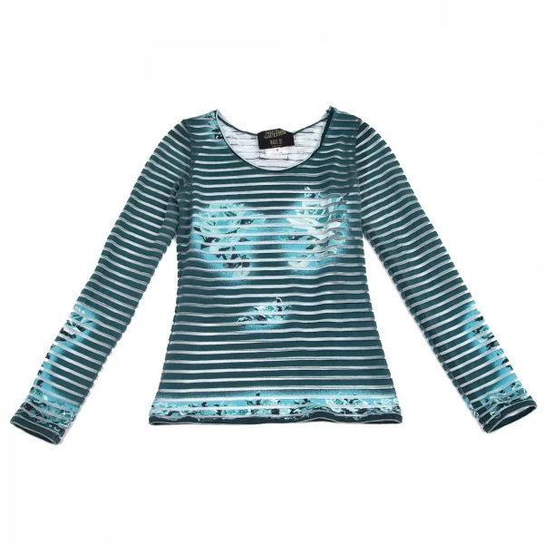 ジャンポールゴルチエ マイユファムJean Paul GAULTIER MAILLE FEMME ローズプリントシースルーボーダーカットソー ターコイズS K-96508_002