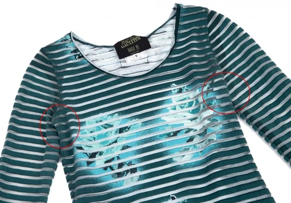 ジャンポールゴルチエ マイユファムJean Paul GAULTIER MAILLE FEMME ローズプリントシースルーボーダーカットソー ターコイズS K-96508_003