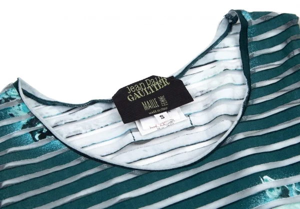ジャンポールゴルチエ マイユファムJean Paul GAULTIER MAILLE FEMME ローズプリントシースルーボーダーカットソー ターコイズS K-96508_006