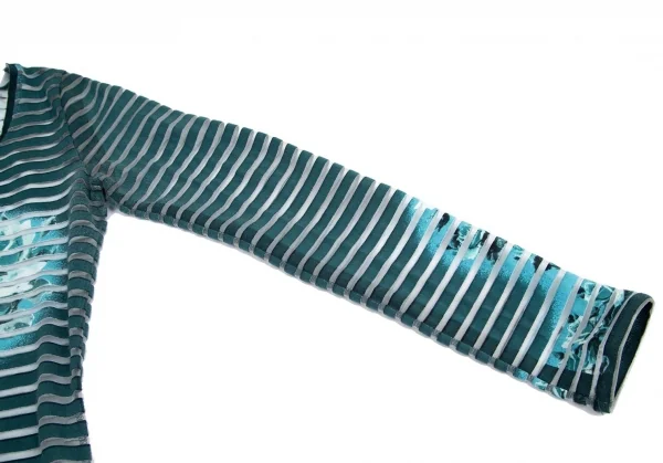 ジャンポールゴルチエ マイユファムJean Paul GAULTIER MAILLE FEMME ローズプリントシースルーボーダーカットソー ターコイズS K-96508_007