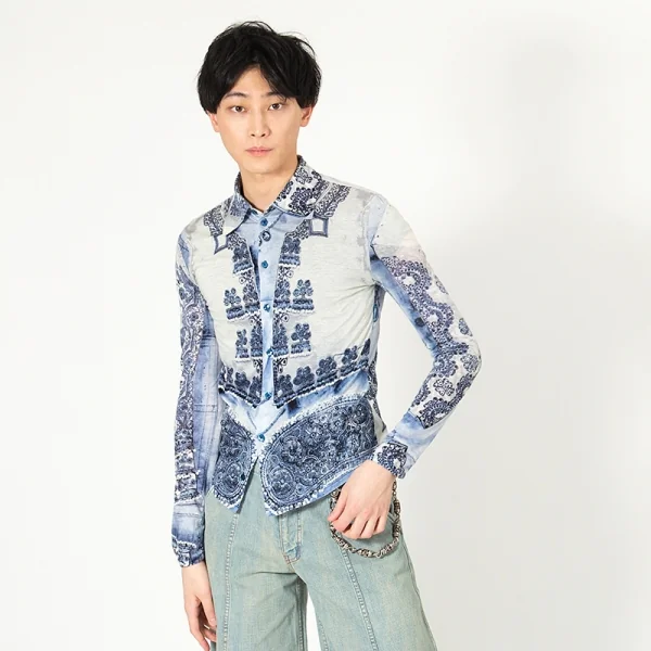 ジャンポールゴルチエ オムJean Paul GAULTIER HOMME ブレード装飾転写プリント天竺シャツ オフ水色48 K-96516_017