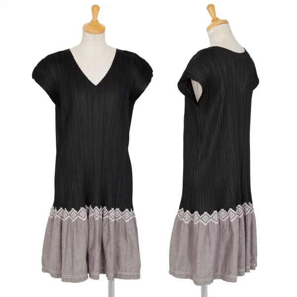 プリーツプリーズPLEATS PLEASE 裾異素材刺繍切替プリーツノースリーブワンピース 黒グレーM位 K-96840_001
