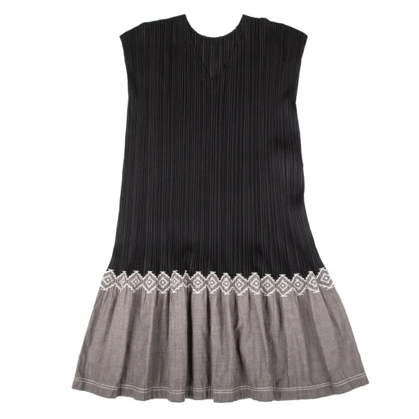 プリーツプリーズPLEATS PLEASE 裾異素材刺繍切替プリーツノースリーブワンピース 黒グレーM位 K-96840_002