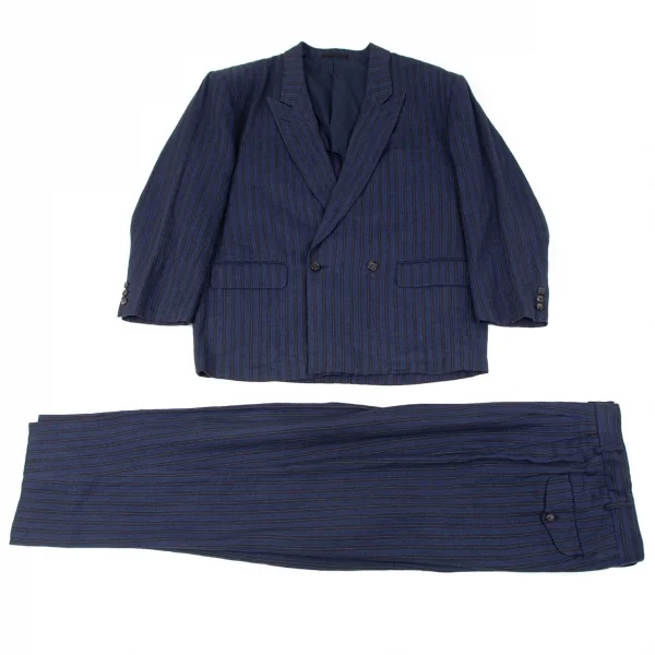 コムデギャルソンオムプリュスCOMME des GARCONS HOMME PLUS リネンストライプダブルジャケット 青黒M K-96908_012