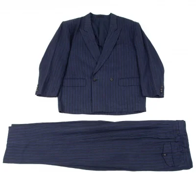 コムデギャルソンオムプリュスCOMME des GARCONS HOMME PLUS リネンストライプダブルセットアプスーツ 青黒