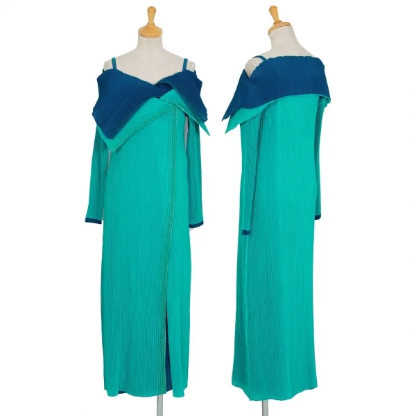 イッセイミヤケISSEY MIYAKE バイカラーレイヤードプリーツワンピース ターコイズ青2 K-97158_001