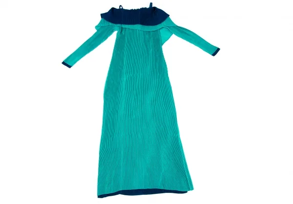 イッセイミヤケISSEY MIYAKE バイカラーレイヤードプリーツワンピース ターコイズ青2 K-97158_012