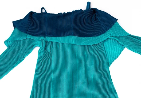 イッセイミヤケISSEY MIYAKE バイカラーレイヤードプリーツワンピース ターコイズ青2 K-97158_013