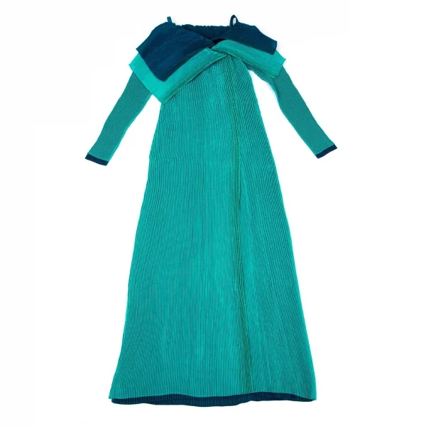 イッセイミヤケISSEY MIYAKE バイカラーレイヤードプリーツワンピース ターコイズ青2 K-97158_002